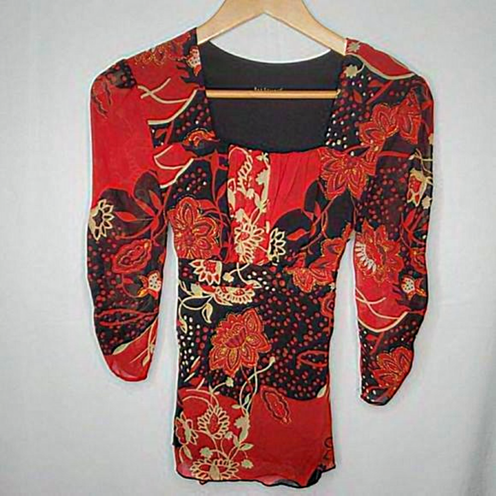 Bay Studio Floral Sparkle Square Neck Peasant Blouse‎ Red Black S